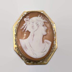 Cameo Brooch, Vintage, Carved Shell, Goddess Demeter, Victorian, Gold, Antique
